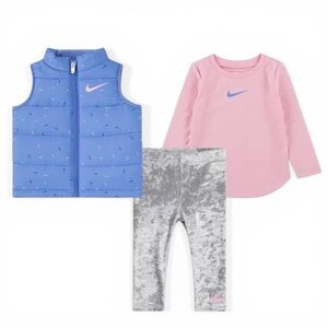 Nike Baby Girls 3-Piece Puffer Vest Long Sleeve Tee Leggings Set Blue Pink 12M
